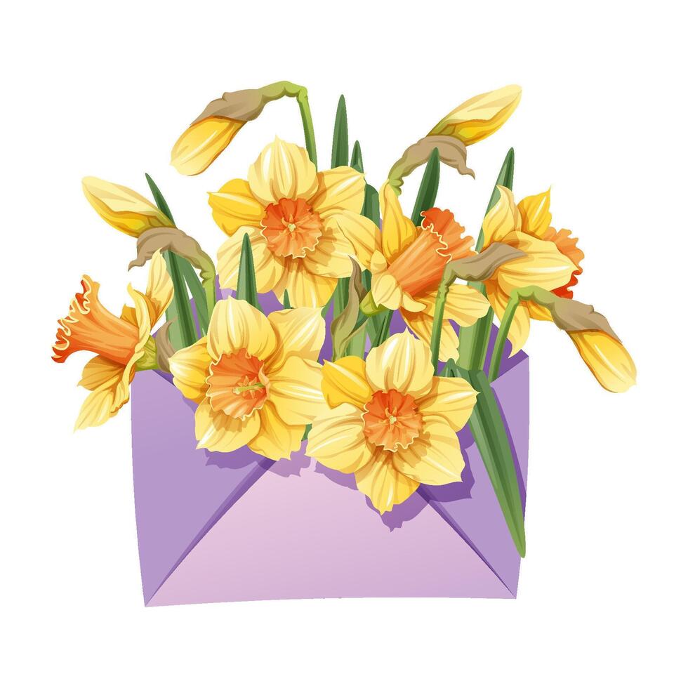 Envelope with daffodils on an isolated background. Spring floral illustration. Happy Easter. Delicate bouquet for decoration, design, cards, invitations, etc. vector