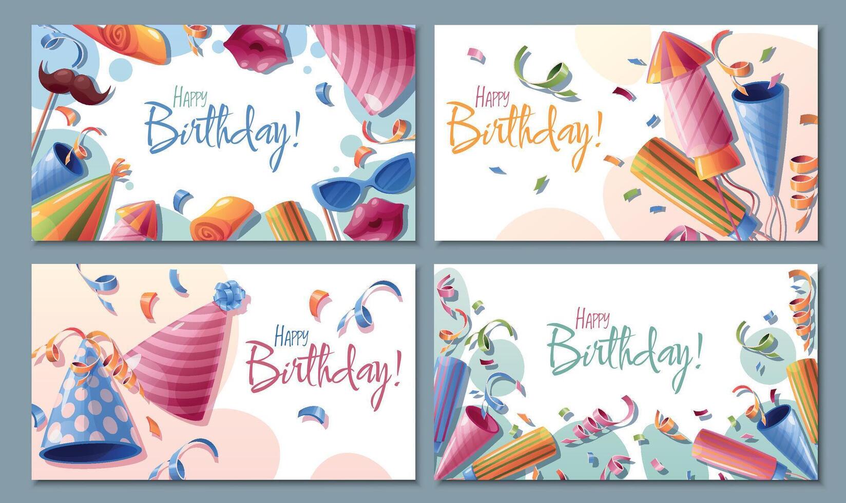 Set of Happy Birthday banners and posters with party cap, photo booth accessories and confetti. Background, banner template for birthday celebration vector