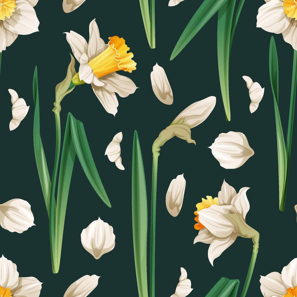 sin costura modelo con primavera flores textura con narcisos y pétalos gráficos. Pascua de Resurrección antecedentes. genial para fondo de pantalla, tela, tarjetas vector