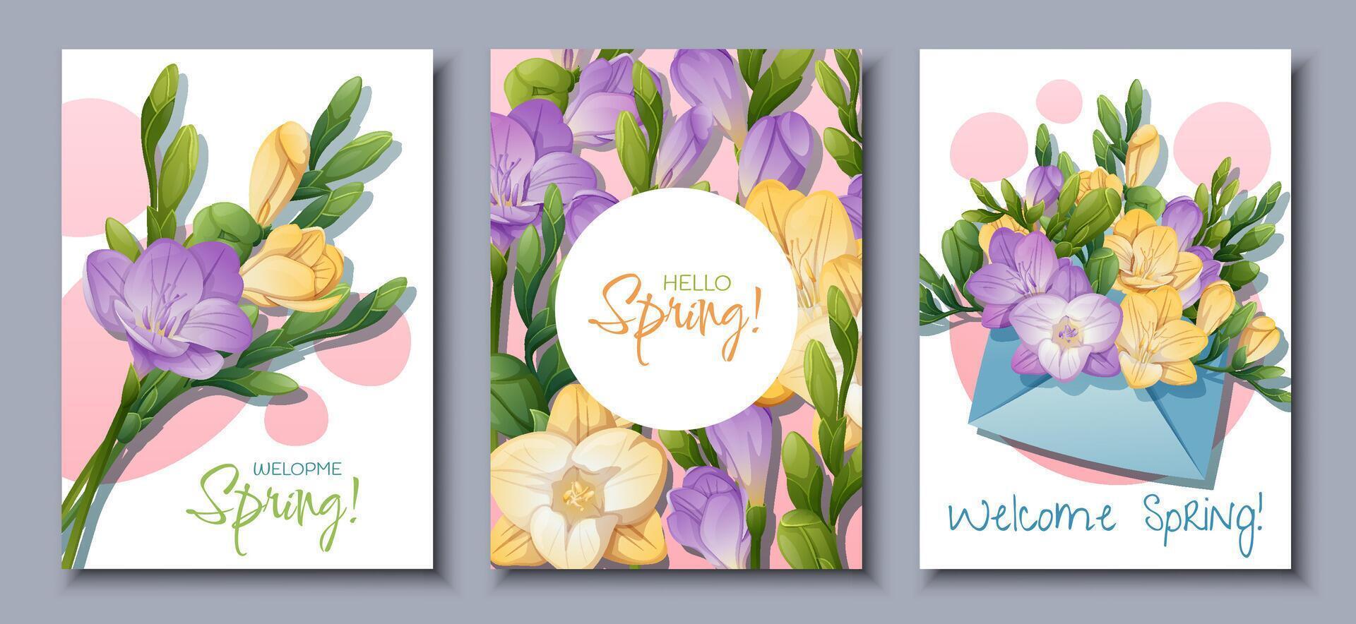 conjunto de saludo tarjeta plantillas con primavera flores póster, bandera con fresia en un sobre, ramo. Hola primavera. ilustración de delicado flores en dibujos animados estilo para tarjeta, invitación vector