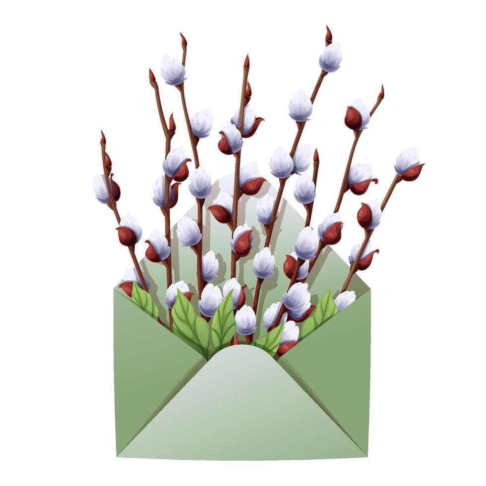 Envelope with pussy willow on an isolated background. Spring illustration. Happy Easter. Delicate bouquet for decoration, design, cards, invitations, etc. vector