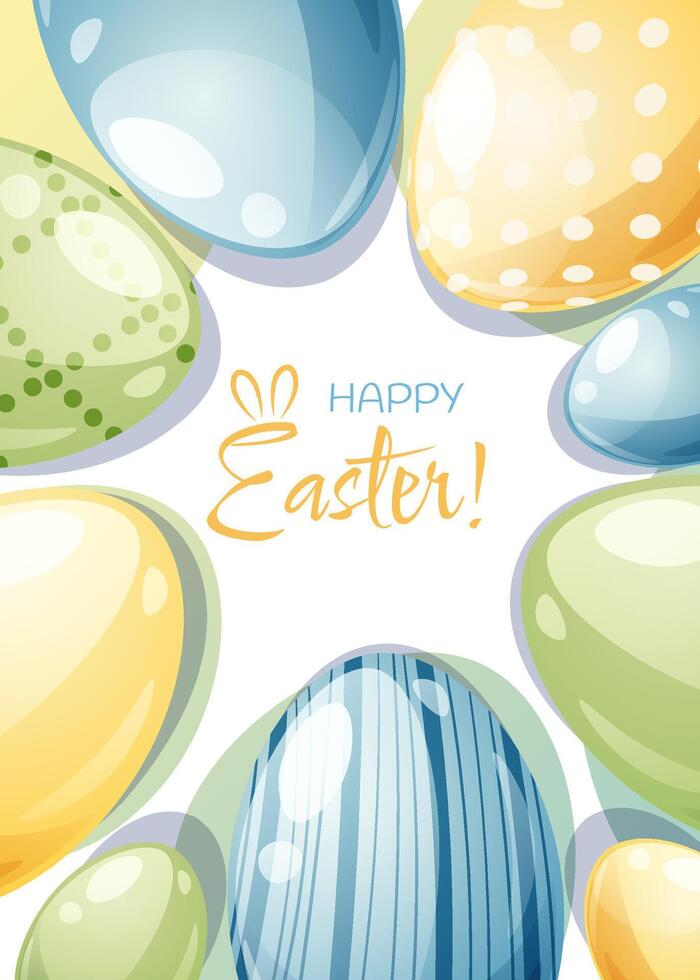 Easter greeting card template. Poster with Easter eggs. Spring cute holiday illustration vector