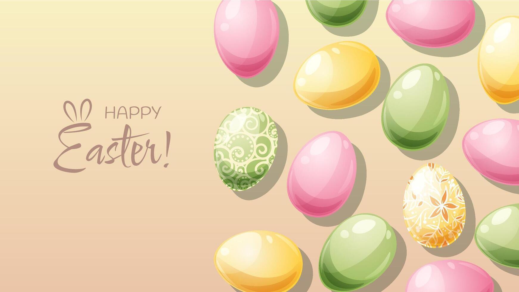Easter poster and banner template with Easter eggs on a beige background. Spring illustration. Congratulations and gifts for Easter in cartoon style vector