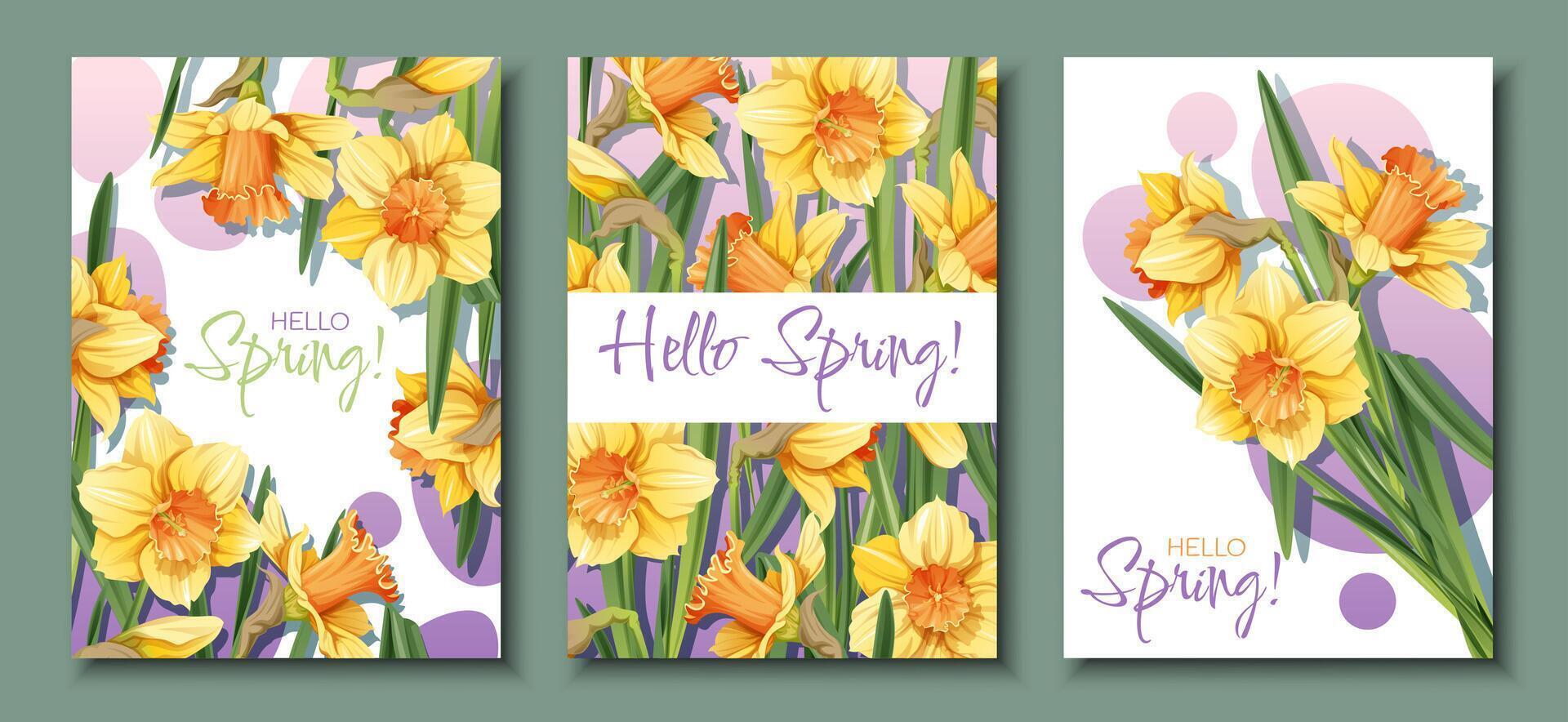 Set of Greeting card templates with spring flowers. Banner, poster with daffodils. Easter illustration of delicate flowers in cartoon style for card, invitation, background, etc. vector