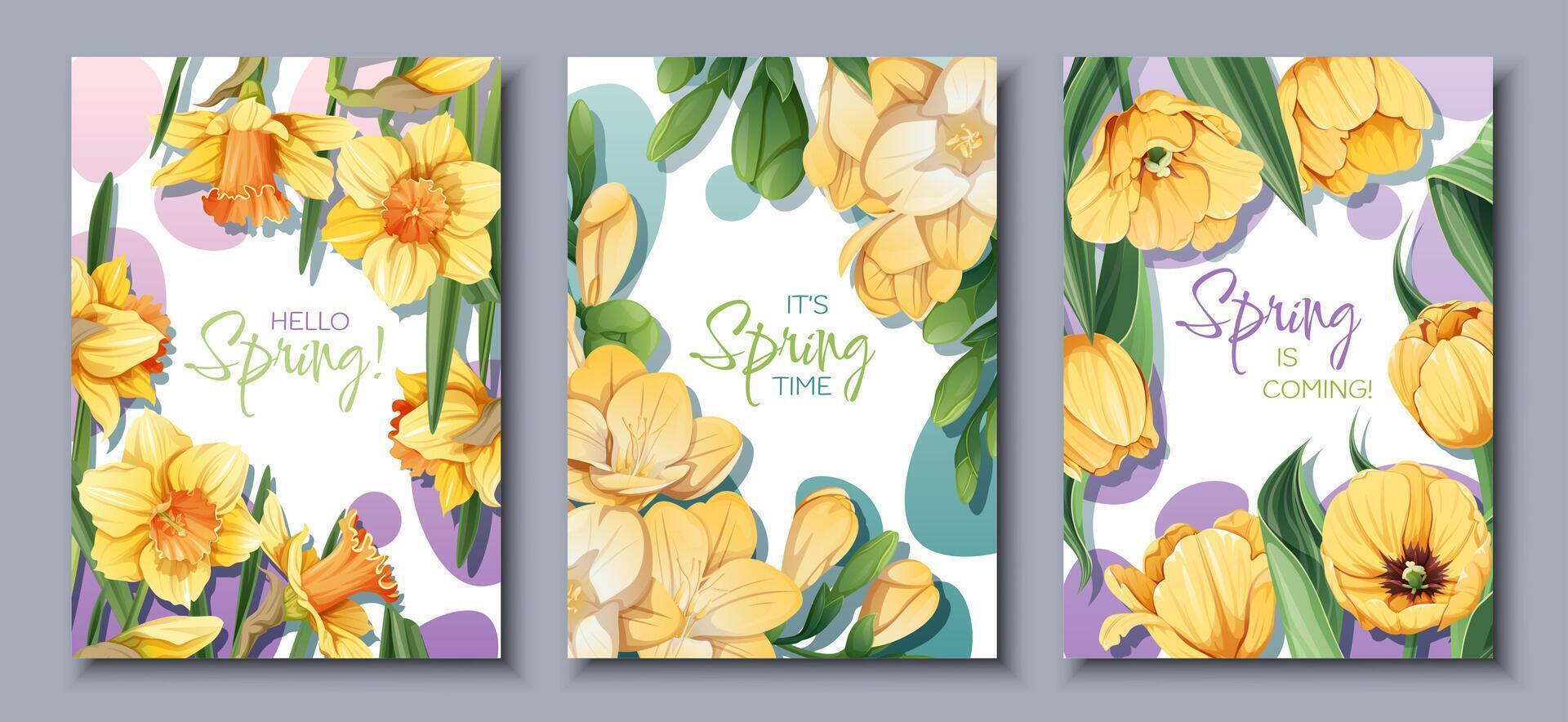 Three cards featuring yellow flowers and green leaves in a botanical pattern vector