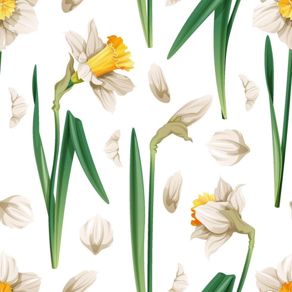 Seamless pattern with spring flowers. Texture with daffodils and petals. graphics. Easter background. Great for wallpaper, fabric, cards vector