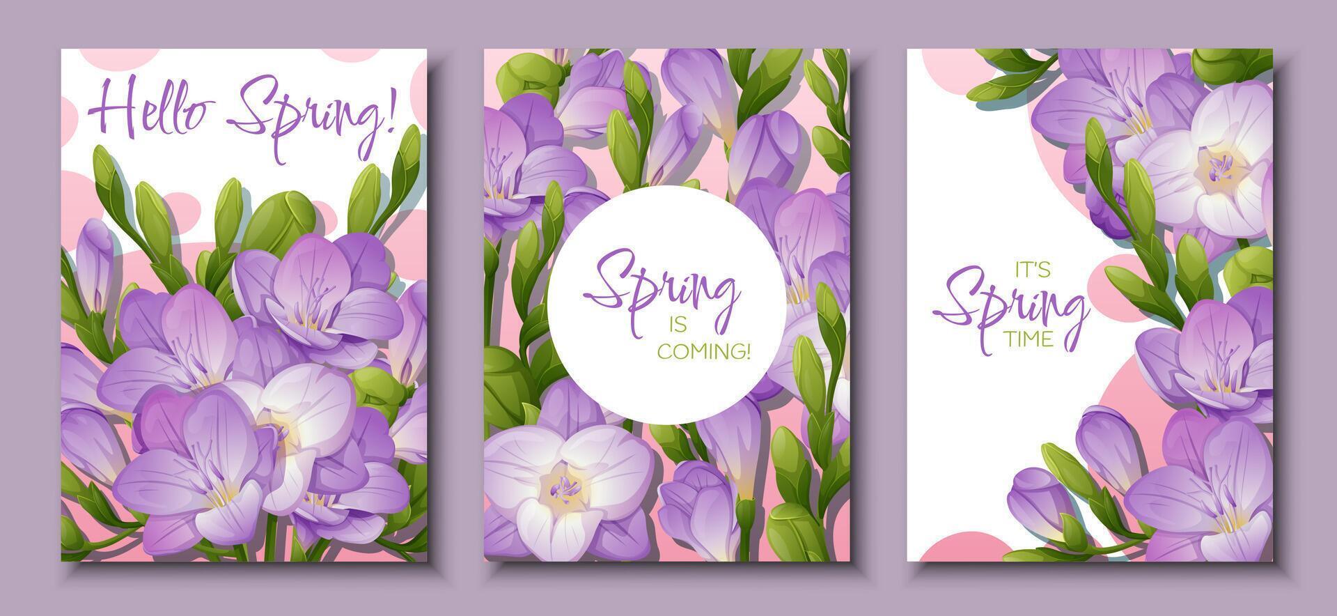 Set of greeting card templates with spring flowers. Banner, poster with purple and yellow freesia. illustration of delicate flowers in cartoon style for card, invitation, background, etc. vector