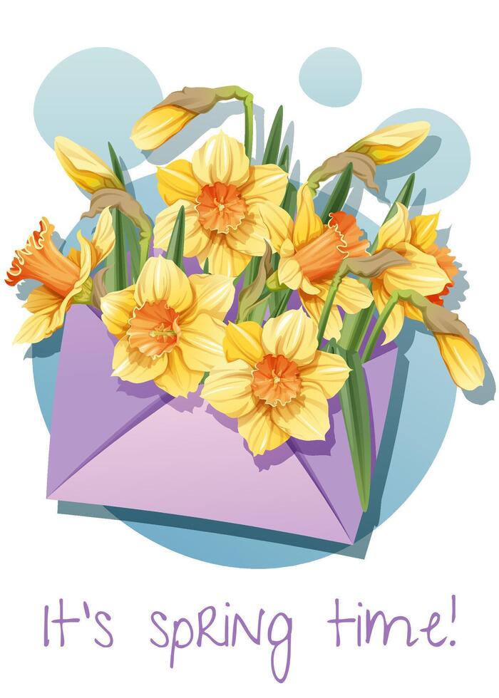 Greeting card template with spring flowers in an envelope. Poster, banner with daffodils. Hello Spring. illustration of delicate flowers in cartoon style for card, invitation, background, etc vector