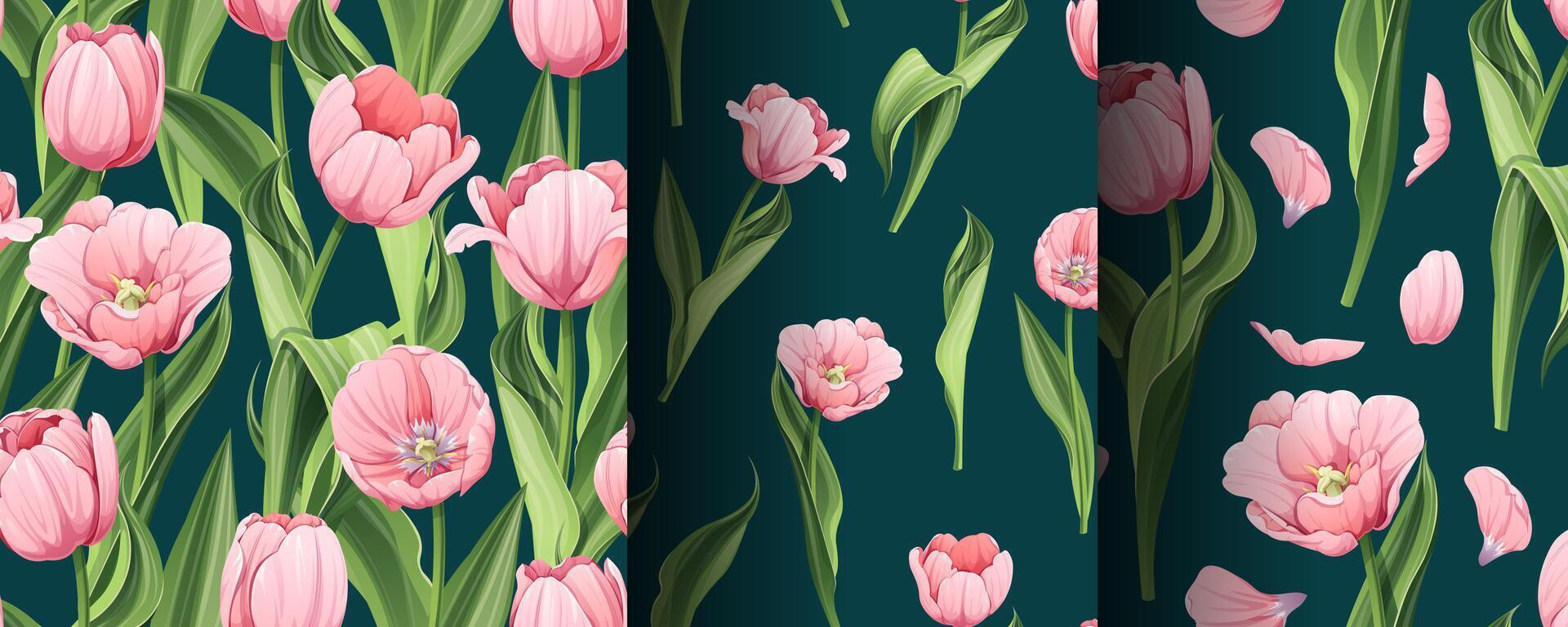 Set of Seamless patterns with spring flowers. Texture with pink tulips and petals. graphics. Great for wallpaper, fabric, cards vector