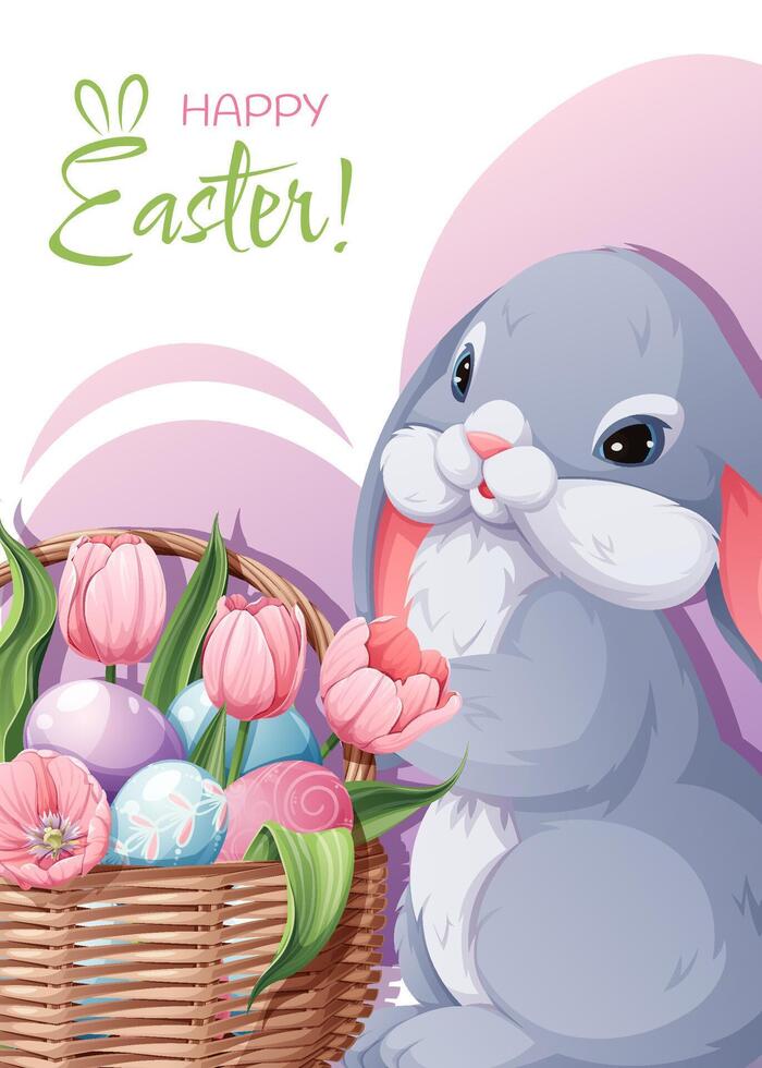 Easter greeting card template. Poster with the Easter bunny and a basket with eggs and tulips. Spring cute holiday illustration vector