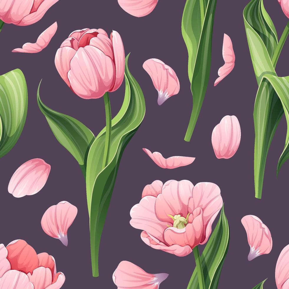 Seamless pattern with spring flowers. Texture with pink tulips and petals. graphics. Great for wallpaper, fabric, cards vector
