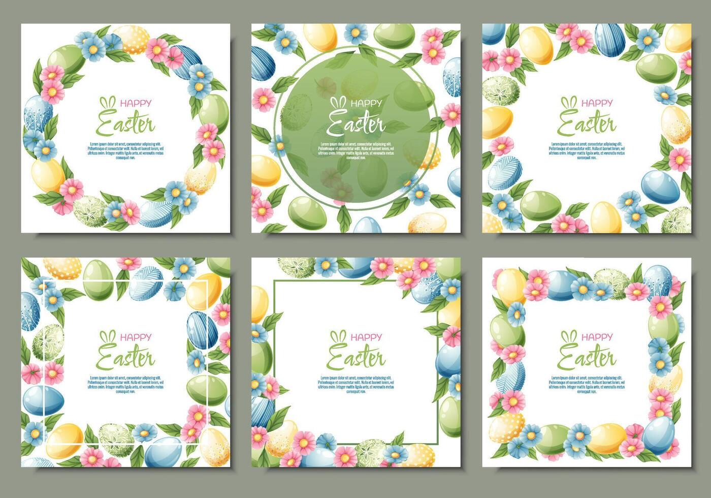 Set of Background with Easter eggs and flowers. Postcard, banner for Easter. Spring time. Frame with colorful eggs. vector