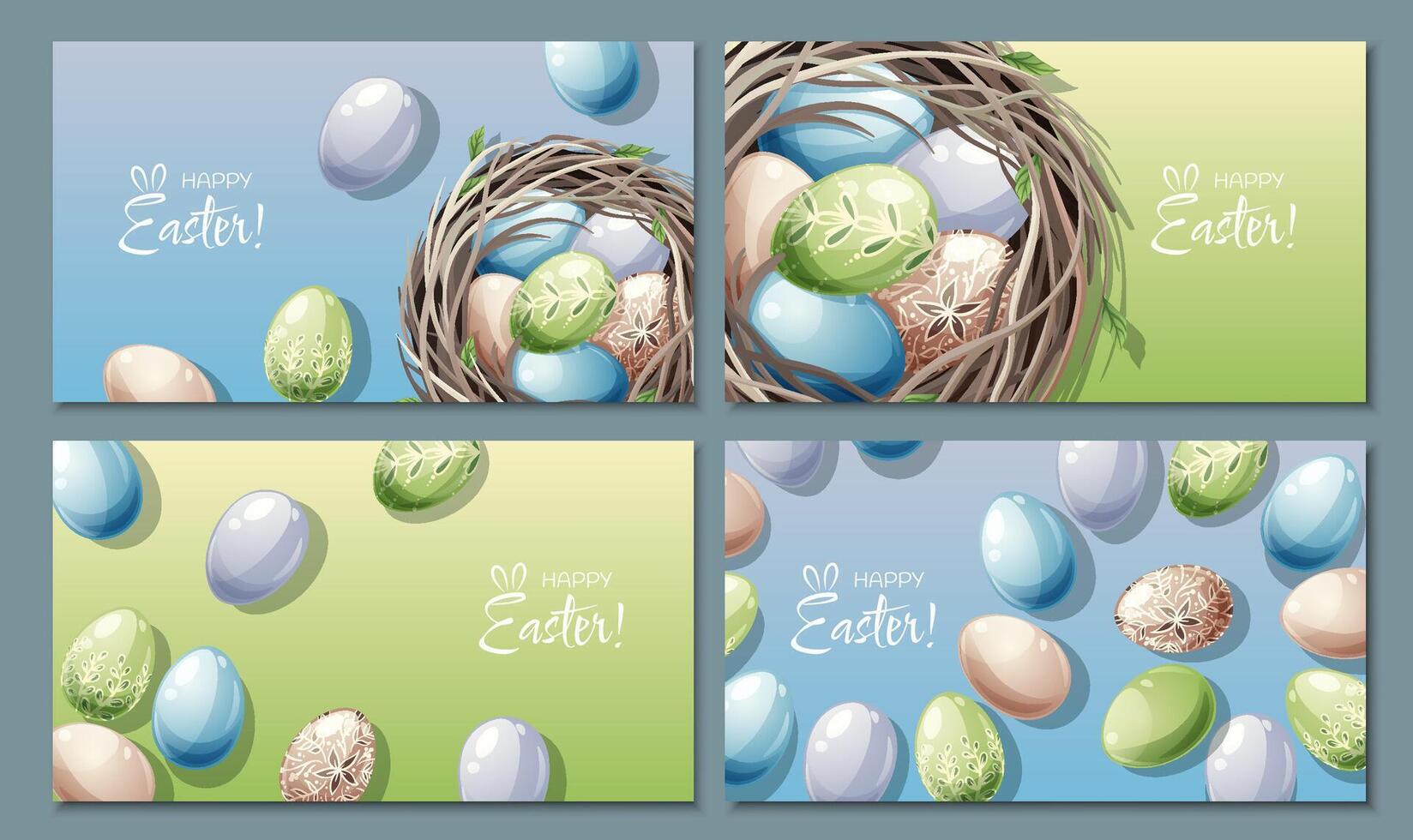 Set of Easter posters and banners with Easter eggs in a nest on a colorfull background. Spring illustration. Congratulations and gifts for Easter in cartoon style. vector
