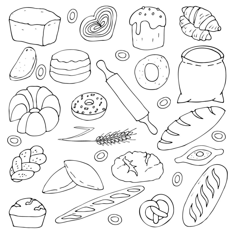 conjunto de panadería productos en dibujos animados estilo en un blanco antecedentes. contorno dibujo de un pan y bollos vector