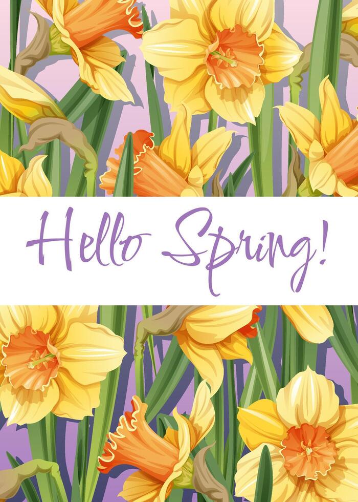 Greeting card template with spring flowers. Banner, poster with daffodils. Easter illustration of delicate flowers in cartoon style for card, invitation, background, etc. vector