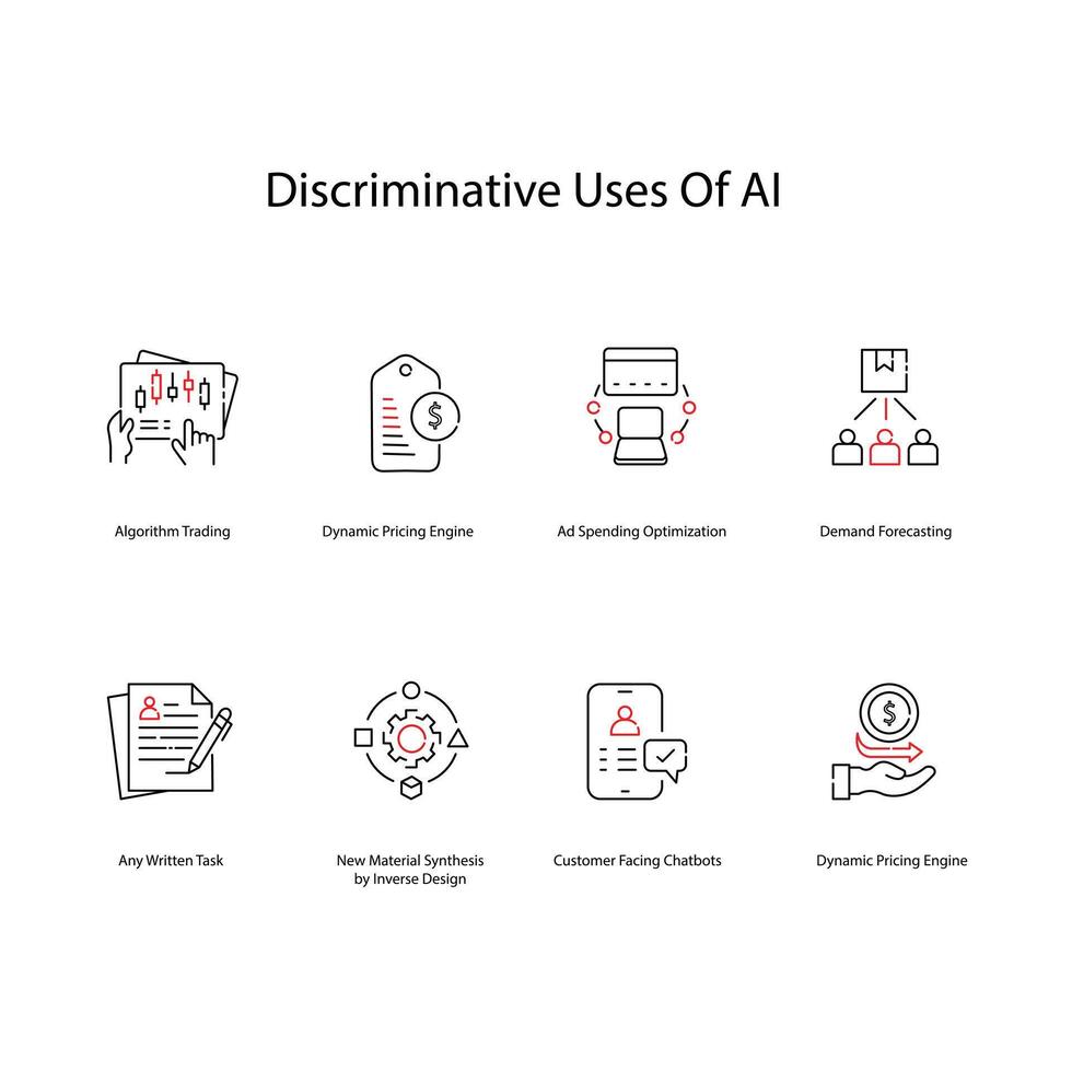 Discriminative Uses of Ai, AI Ethics, Fair AI Practices, Icon Set vector