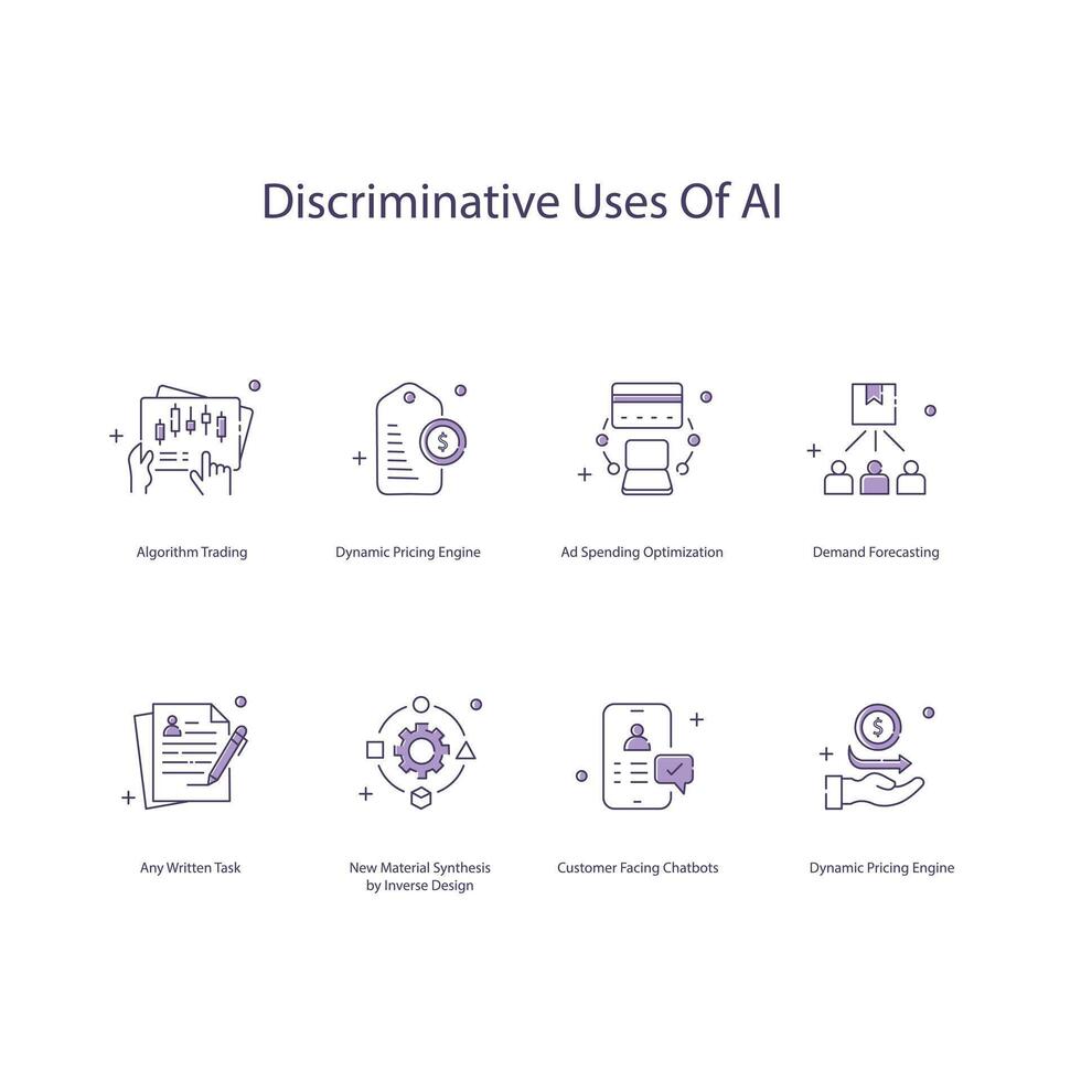 Discriminative Uses of Ai, AI Ethics, Fair AI Practices, Icon Set vector