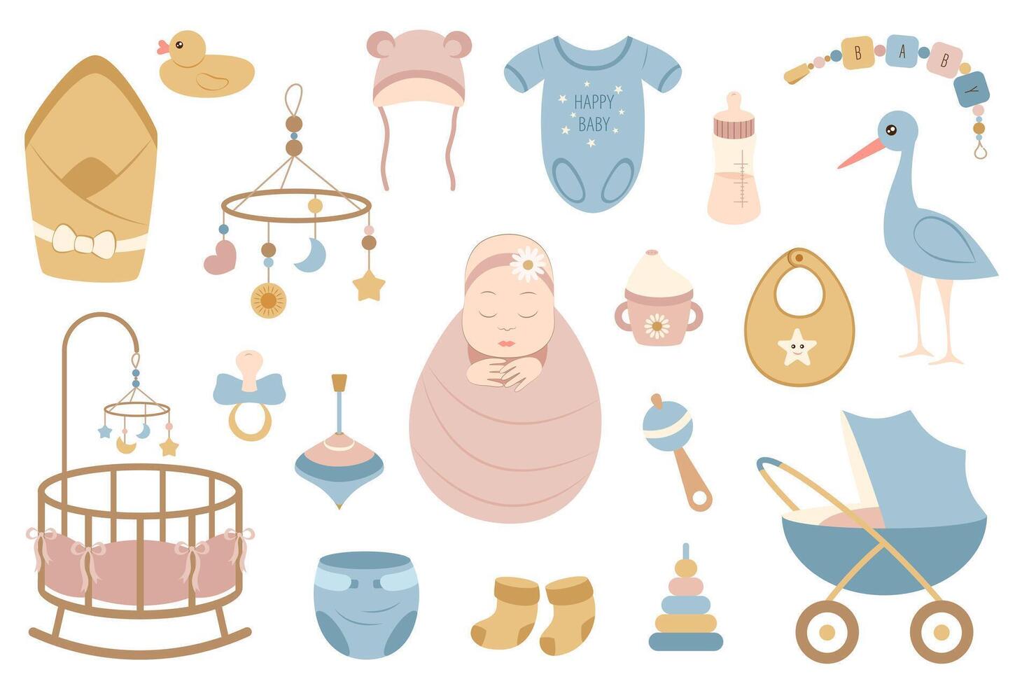 Cute baby set. Cradle, stroller, toys, pacifier. Collection of elements on white background for design of postcards, posters, stickers, stickers. vector