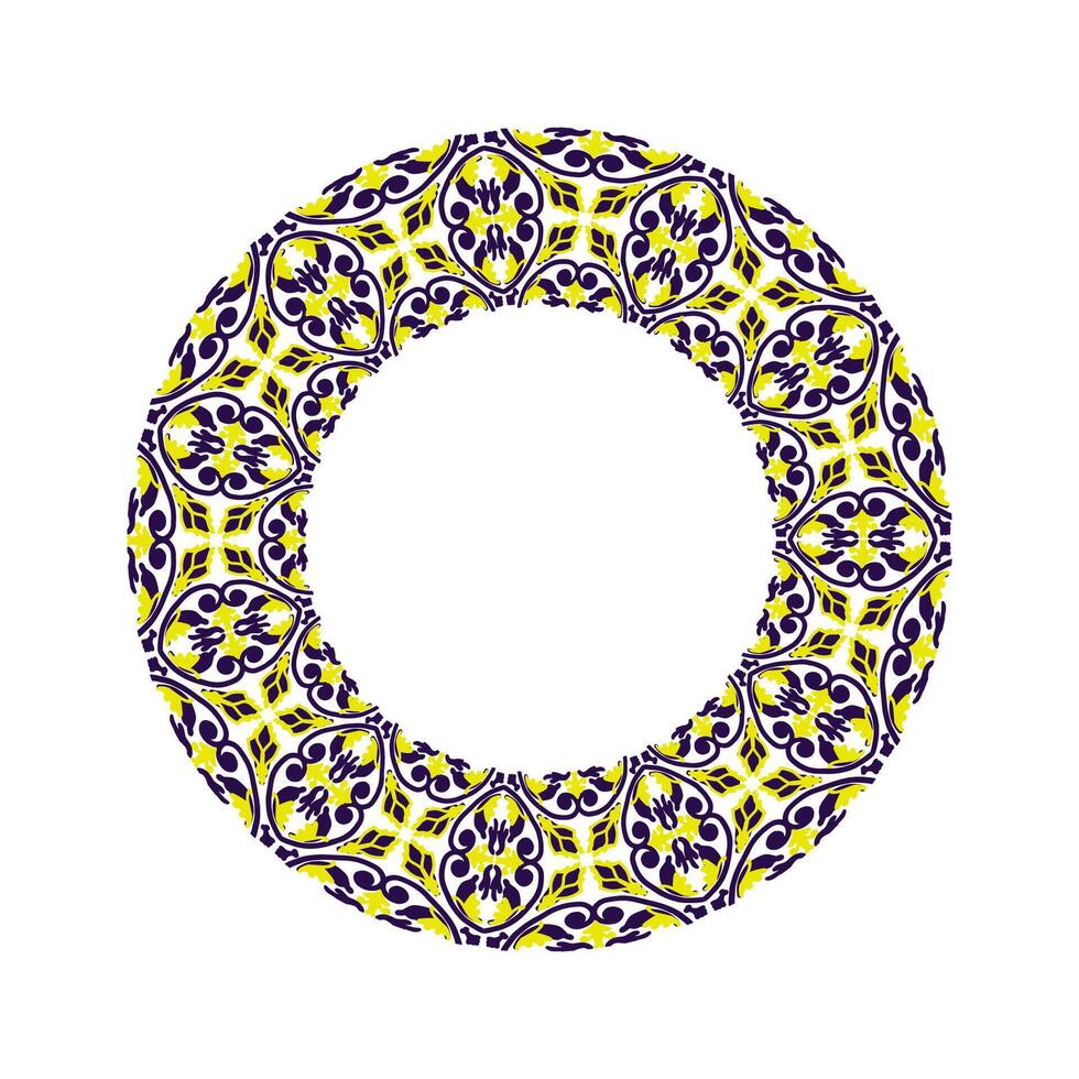 A circle with a pattern of yellow and blue ornament. The circle is white and the flowers are in different sizes and shapes vector