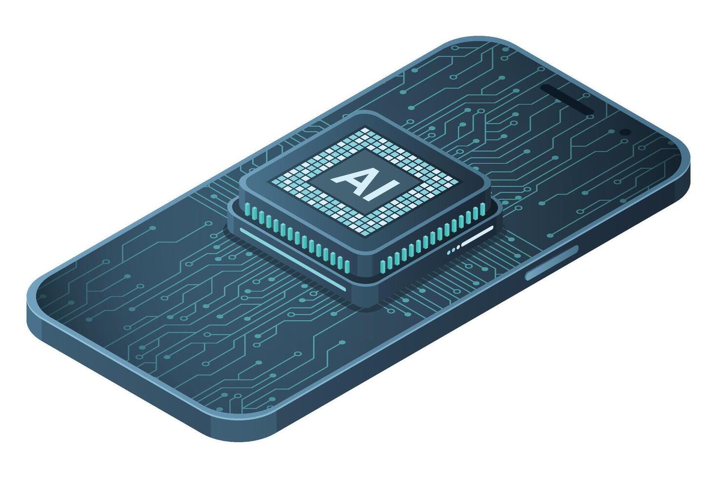 Isometric smartphone with AI. Artificial intelligence and smartphone concept. Smartphone with futuristic artificial intelligence processor vector