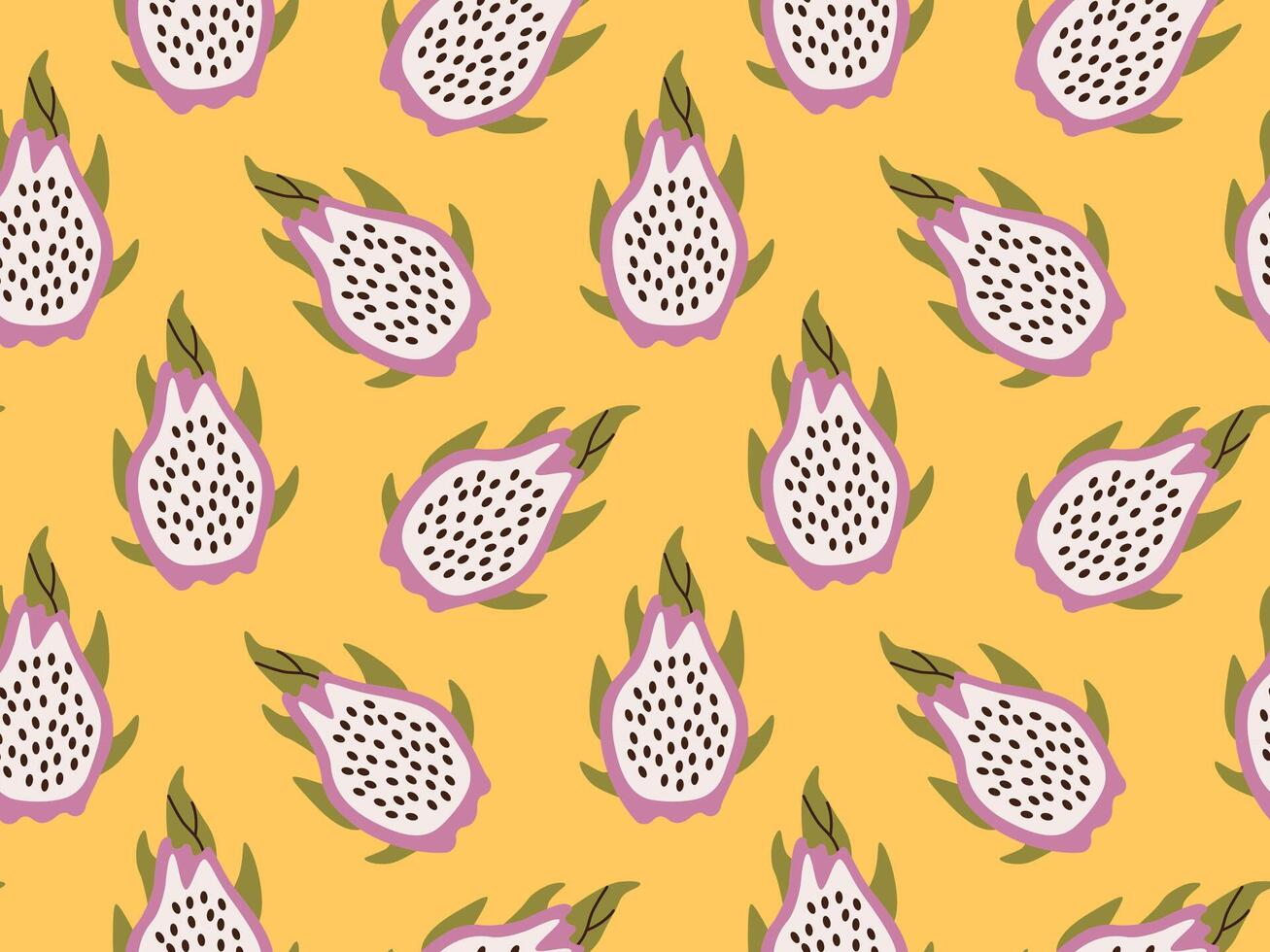 Seamless pattern of dragon fruits, pitaya on orange background. Exotic tropical pitayas. Great for prints, cards. vector