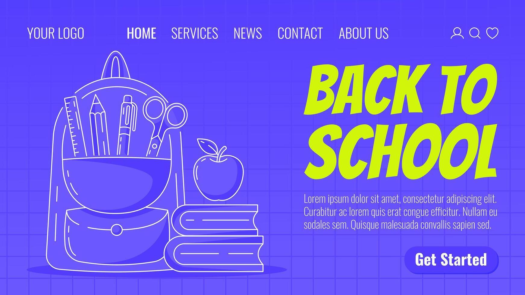 Backpack with school supplies, stack of books and apple. Back to school, education, learning concept. Template for web, banner, poster, landing page, website vector