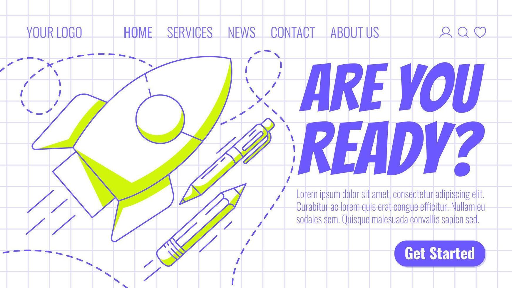 Rocket launch, school supplies, pen and pencil. Back to school, education, learning concept. Modern template for web, banner, poster, landing page, website. Checkered background vector