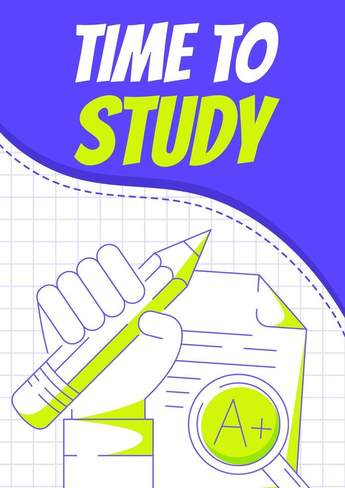 Pencil in hand, sheet of paper with high score. Time to study, back to school, education, learning concept. Minimalist poster, a4 format. For banner, cover, web. Checkered background vector