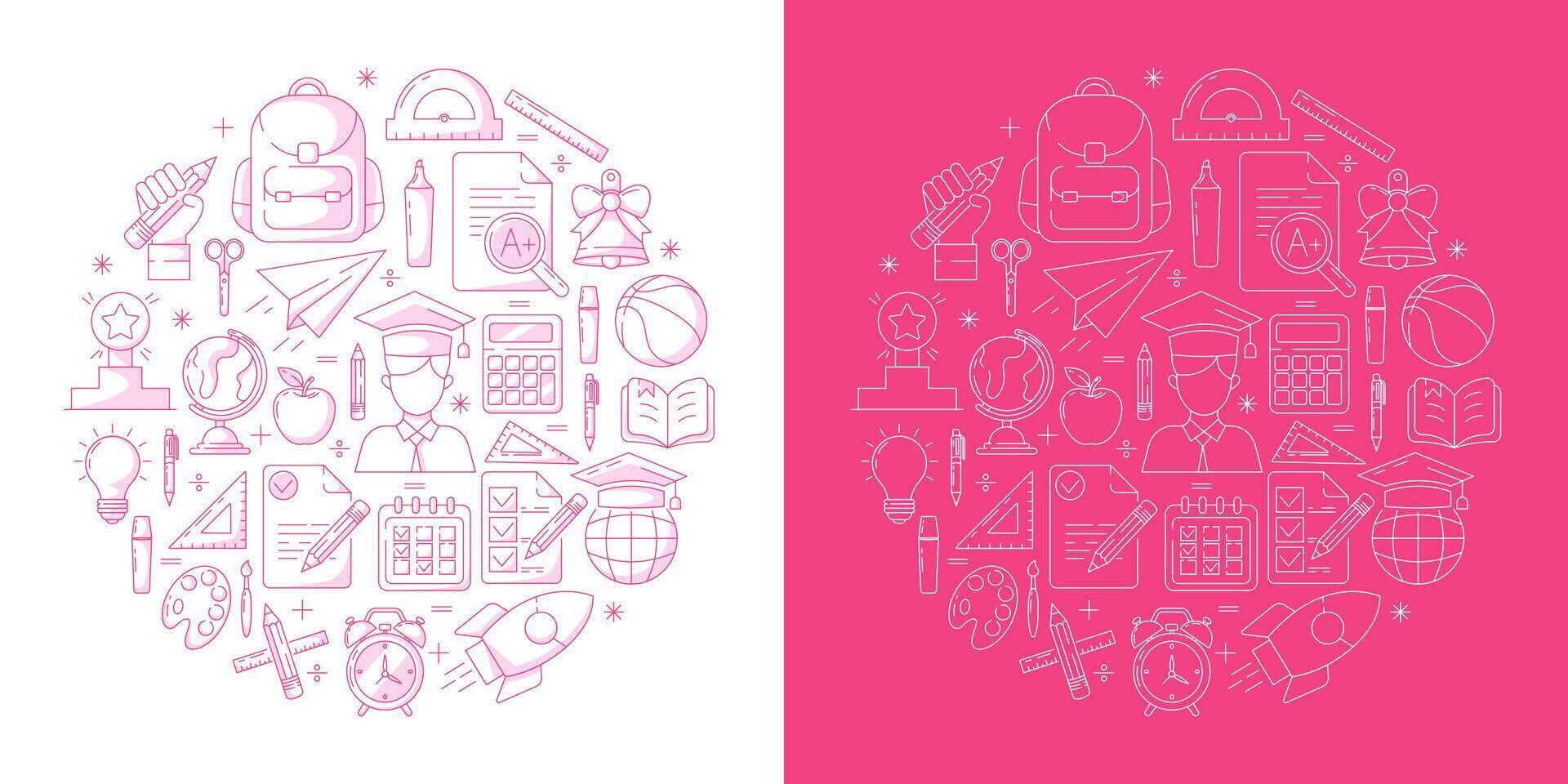 School and education, round composition, line icon set, editable stroke. Back to school design with symbols of knowledge, learning, study, task list, stationery, backpack. For web, social media vector