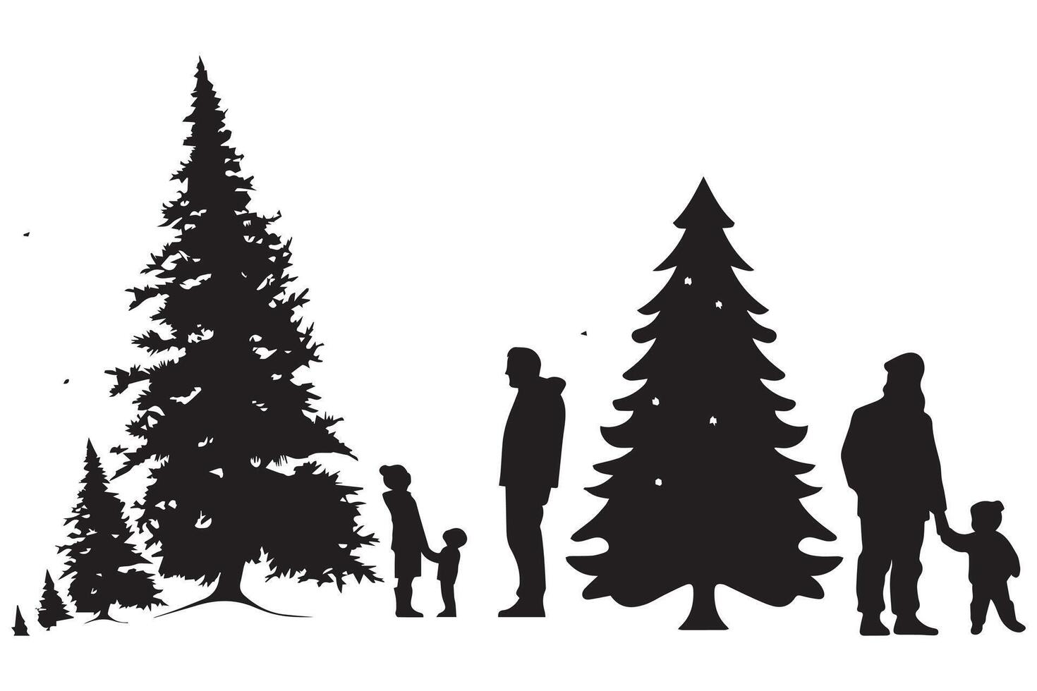 silhouette of a family decorating a Christmas tree with all elements as separate objects vector