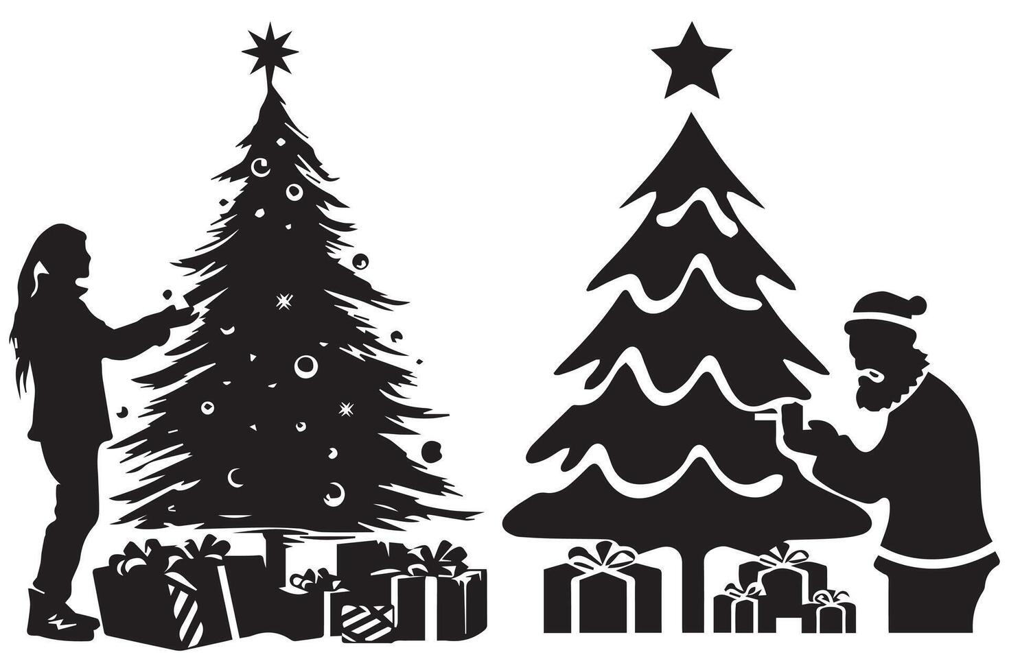 set of Silhouette of a man under the Christmas tree and gift box vector
