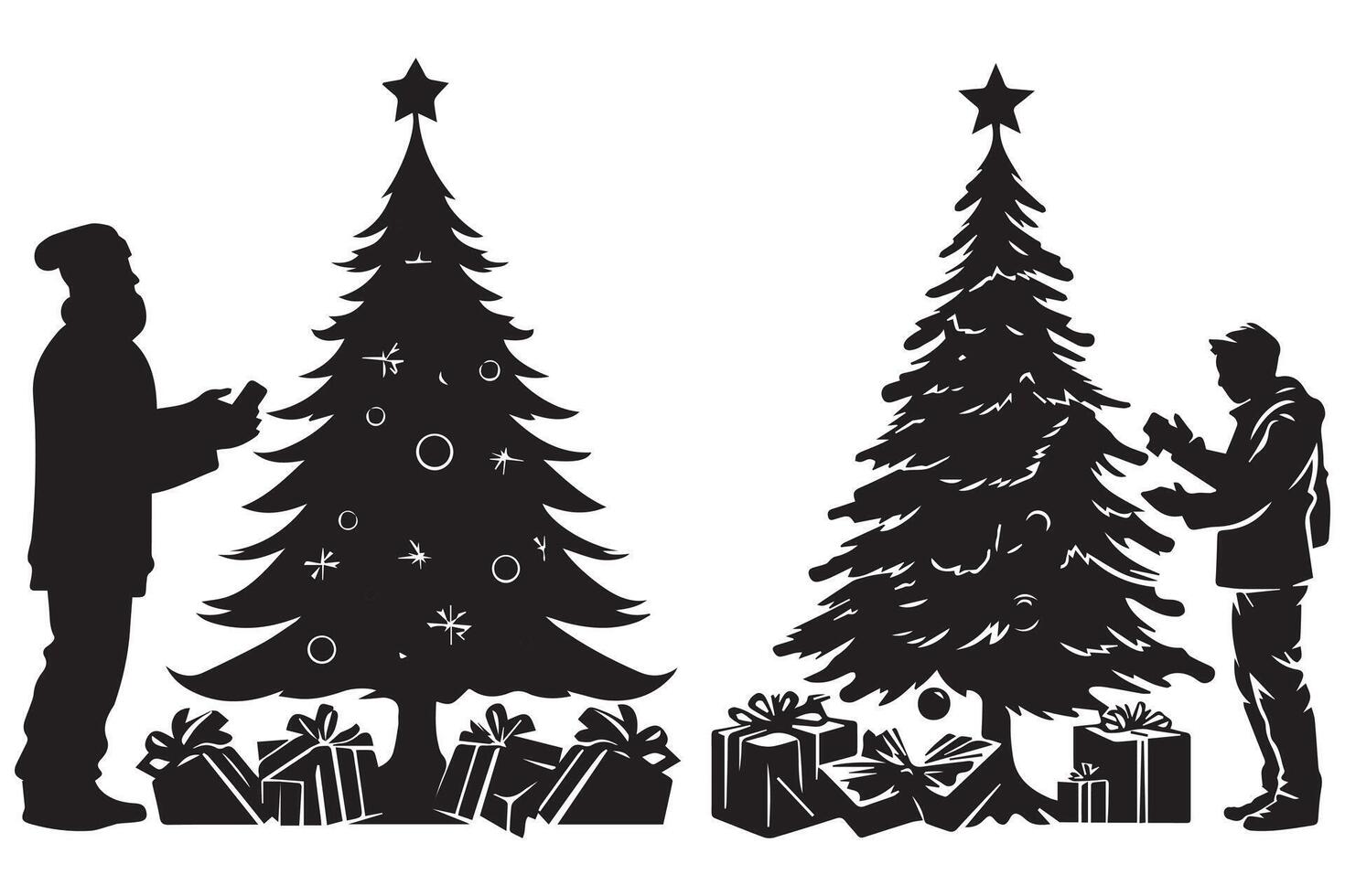 Silhouette man and gift under christmas tree pro design vector