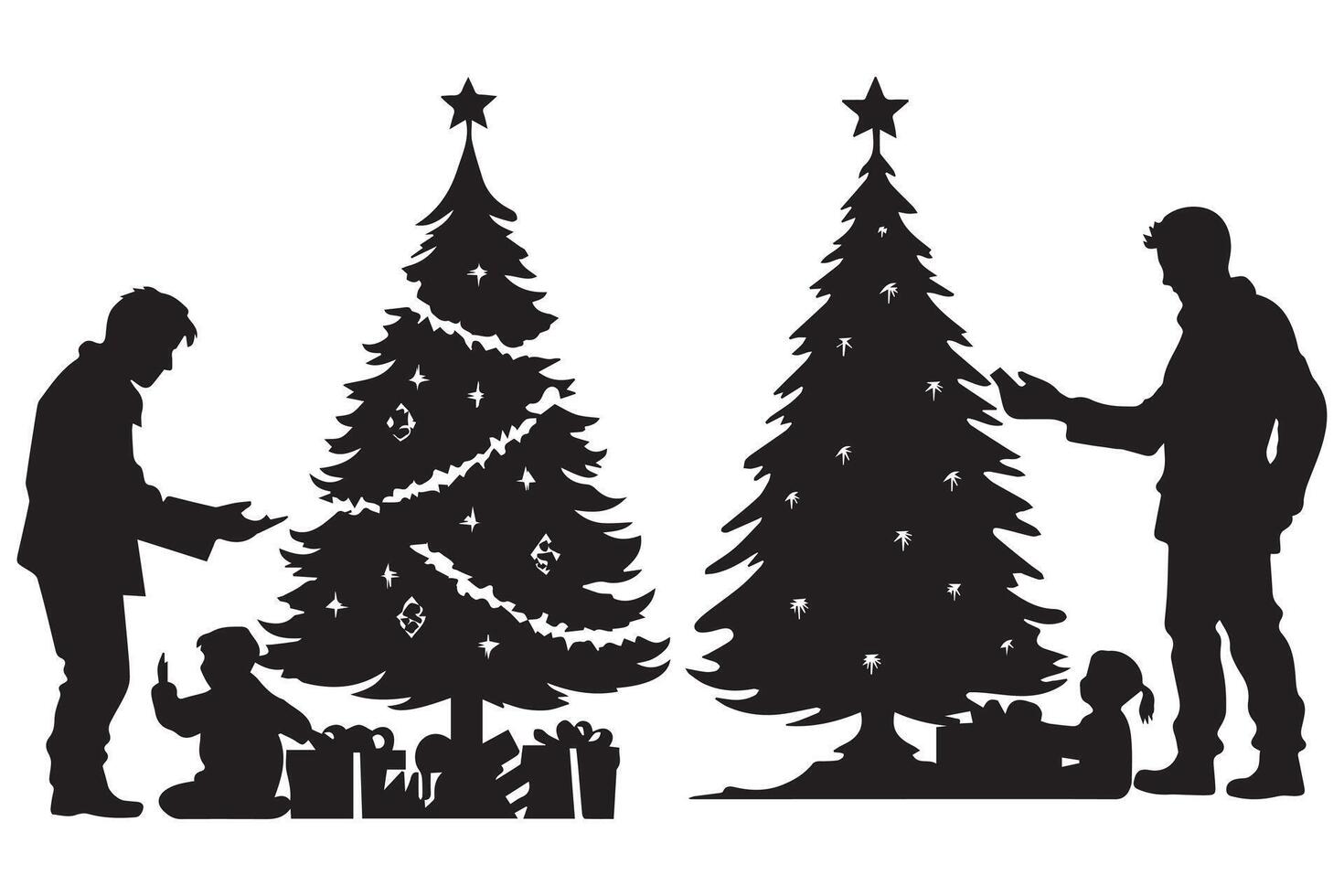 silhouette of a family decorating a Christmas tree with all elements as separate objects vector