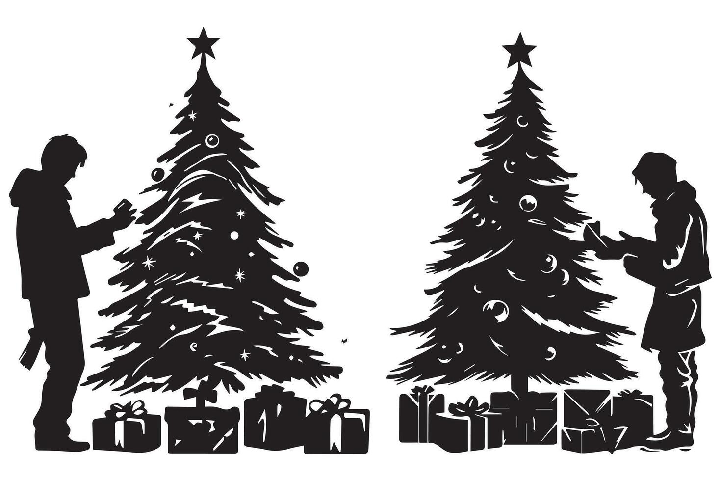 Silhouette man and gift under christmas tree pro design vector
