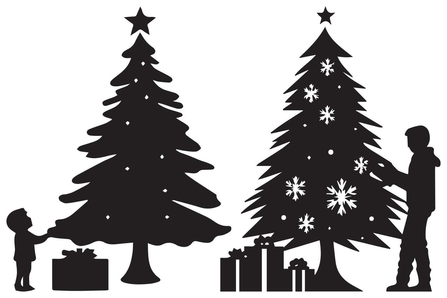 Silhouette man and gift under christmas tree pro design vector