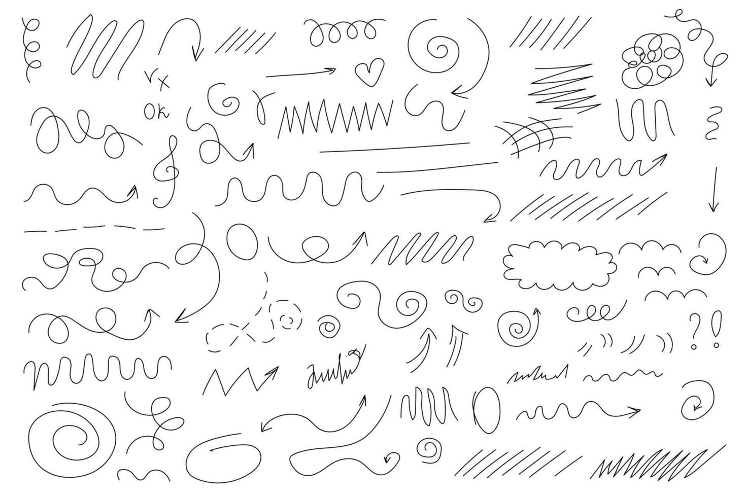 Do-it-yourself strokes with marker and pencil. Marker lines, pencil stripes, highlighting elements, illustrations of permanent markers in the form of checkmarks, hearts, arrows in different directions vector