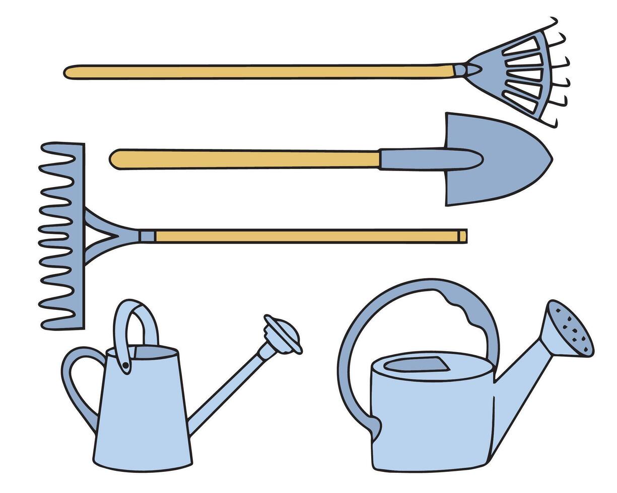 Set of garden tools icons in doodle style. illustration of a shovel, rake, watering can. vector