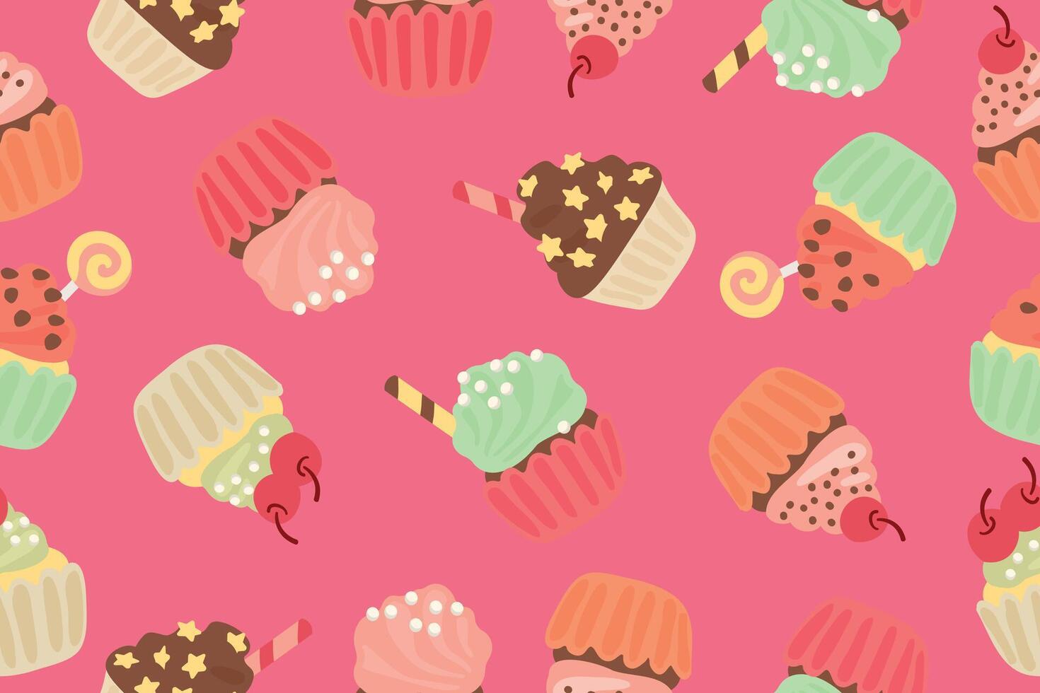 Seamless pattern with sweet cupcakes on a pink background. Sweet pastries with various decorations illustration. vector