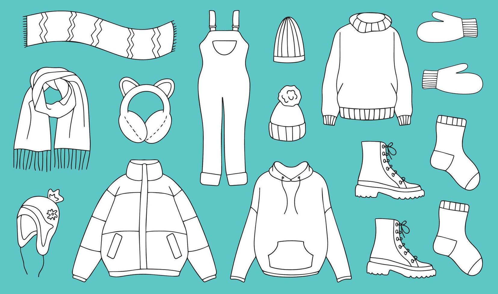 Warm autumn-winter clothes. collection of autumn-winter clothes. sketch icon isolated on blue. Seasonal design elements. . illustration vector