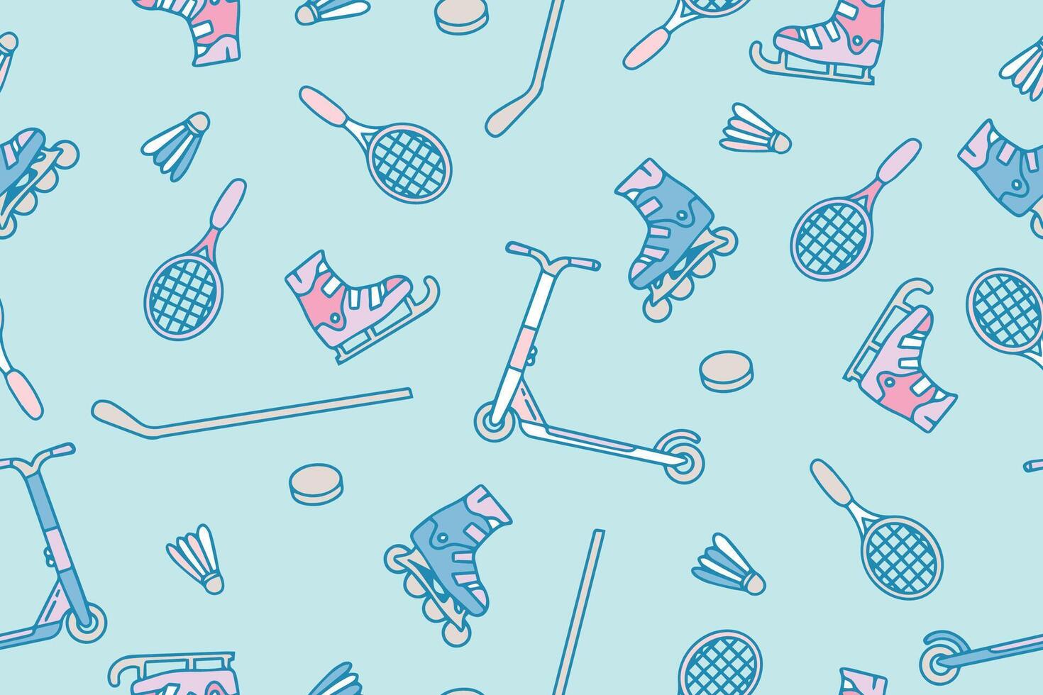 Seamless pattern with sports equipment isolated on blue.Hand drawn colored sport equipment. vector