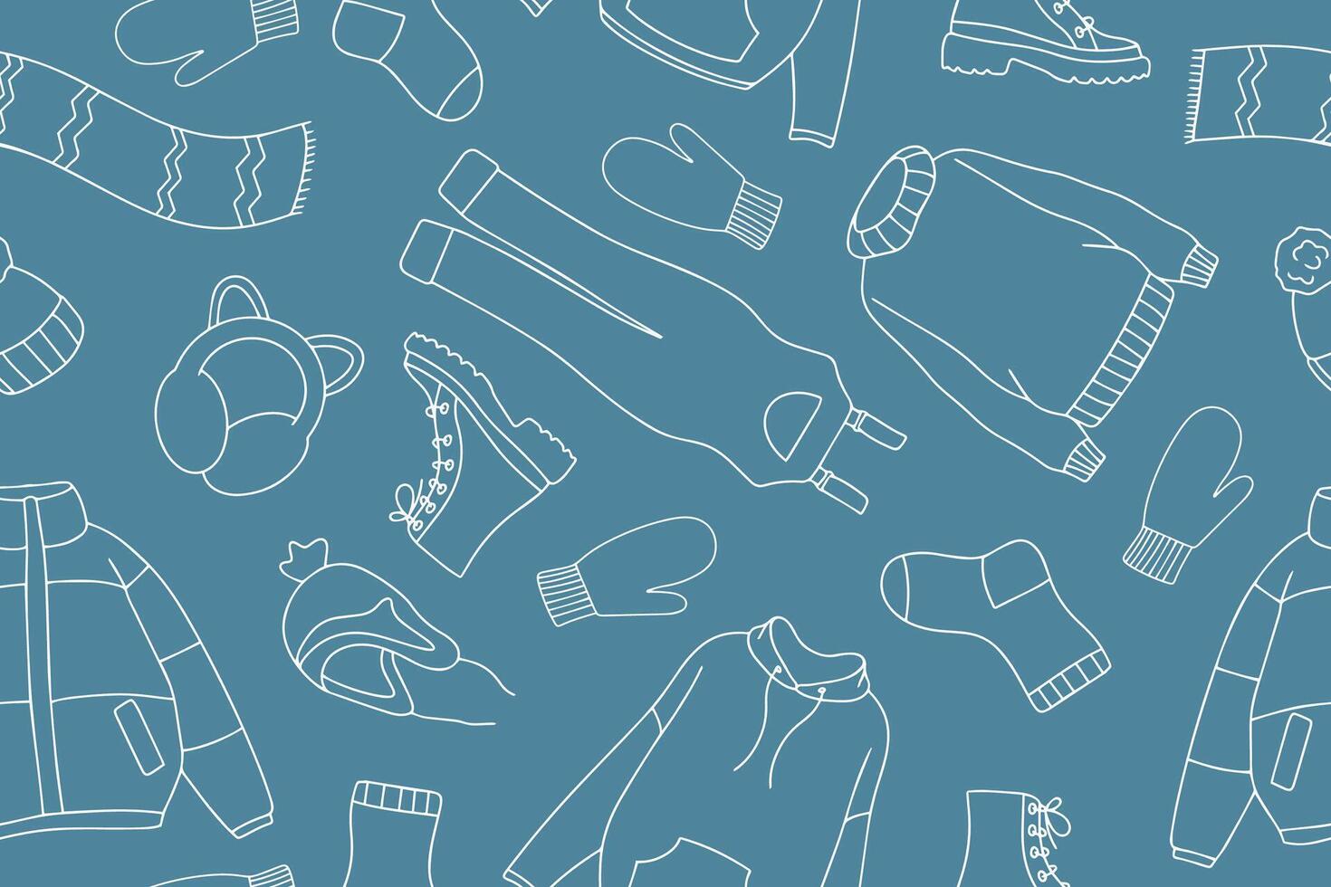 Warm autumn winter clothes seamless pattern. Knitted sweater, hat, scarf, pattern. Doodle autumn winter clothes collection. Seasonal clothes seamless pattern. vector