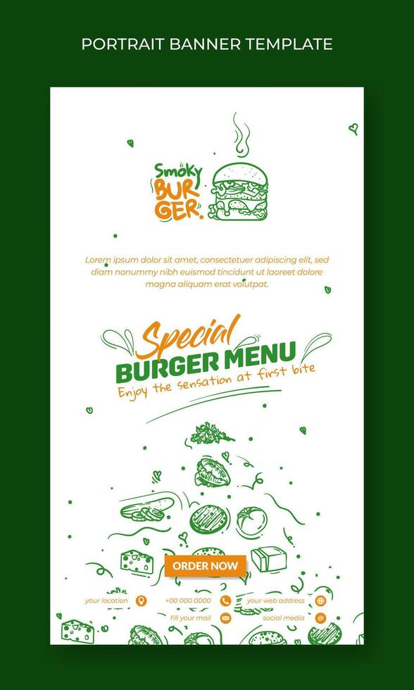 Portrait banner in white background with hand drawn of burger ingredients for social media post template or advertising design of street food vector