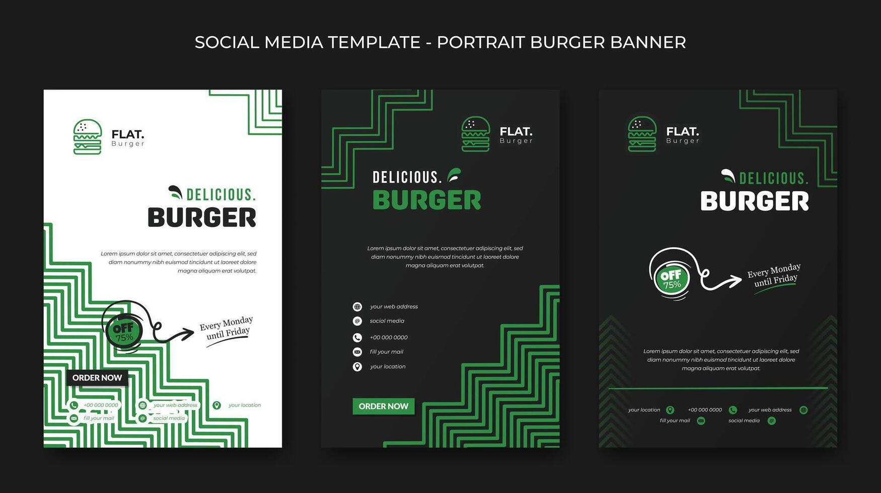 Set of social media post template in portrait black white and green background design for advertising of street food vector