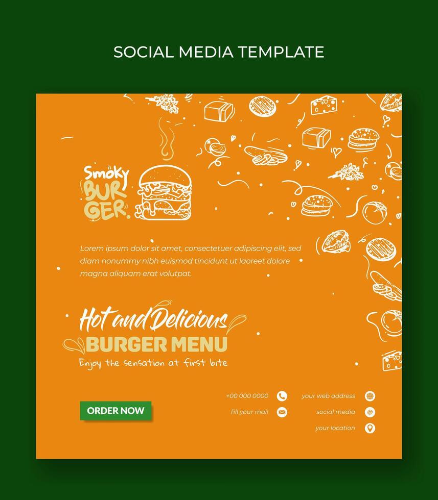 Square banner template design in orange background with hand drawn of burger ingredients design. Good template for burger advertising or street food design vector