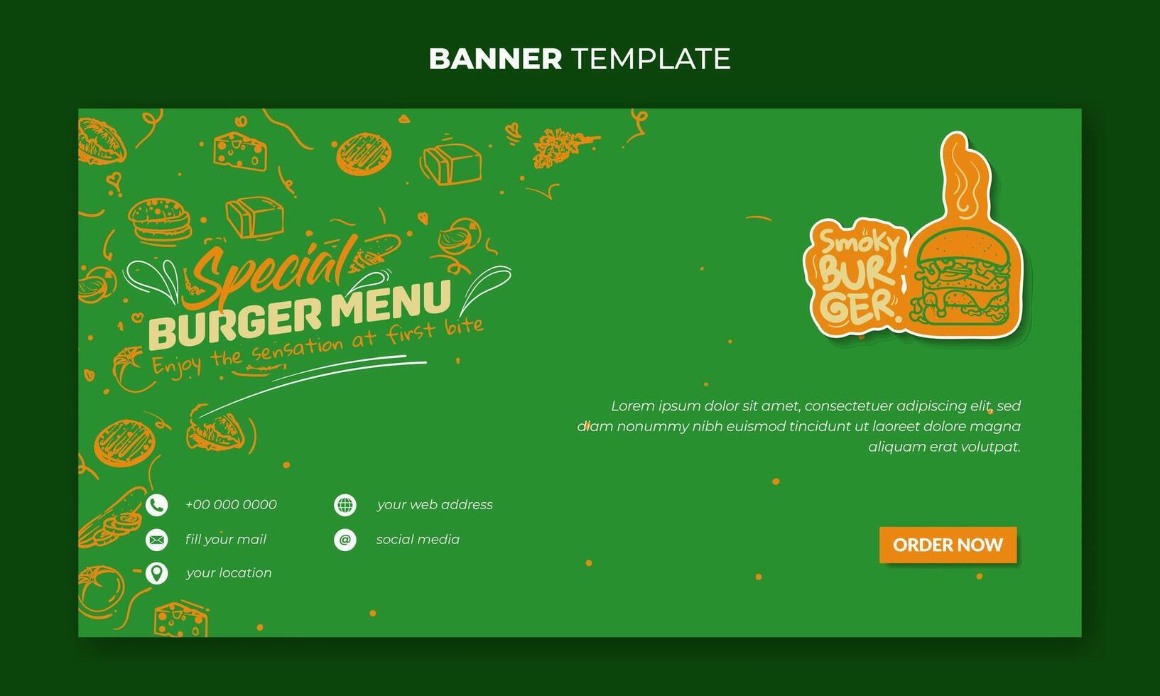 Green banner template with orange hand drawn of burger ingredients for burger advertisement and smoky burger design vector