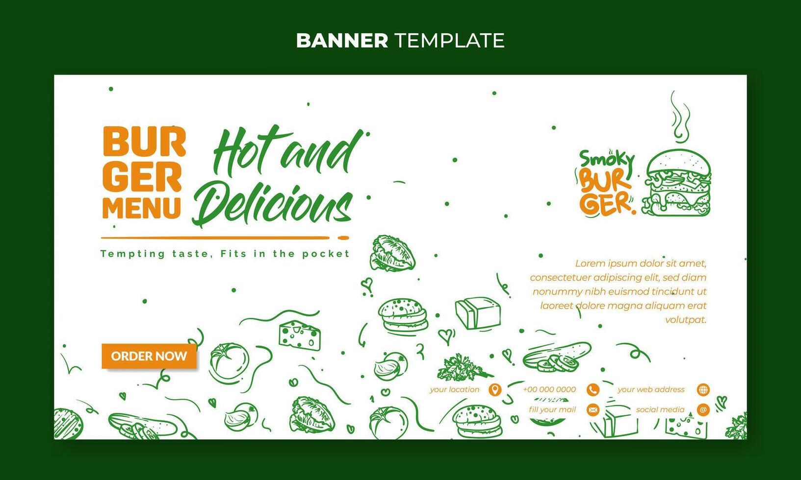 Banner template design in white background with hand drawn of ingredients for making burgers. Template design for street food advertisement vector