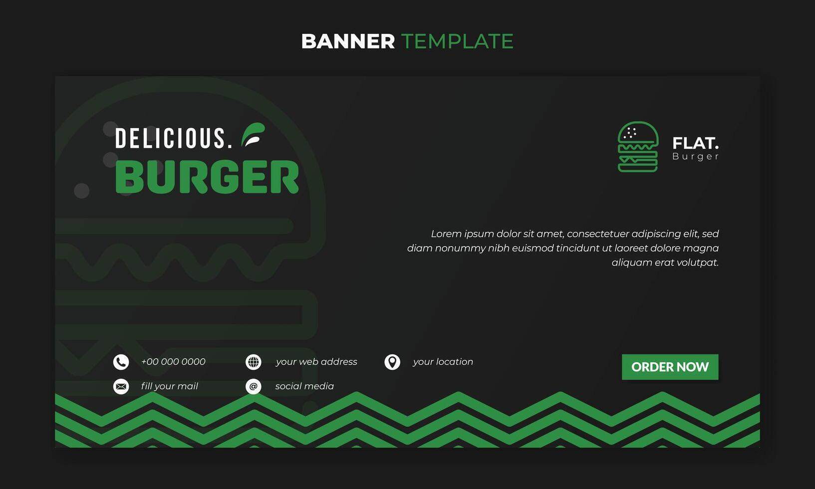 Banner template in black background design with simple green pattern and flat burger design for street food advertising vector