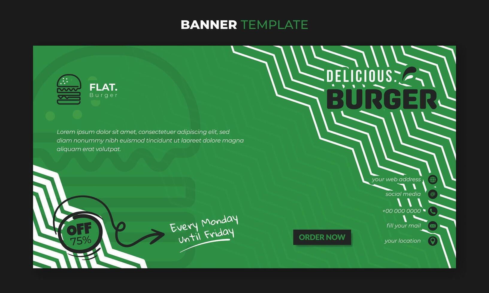 Banner template in green background with simple pattern and flat burger design for street food promotion design vector