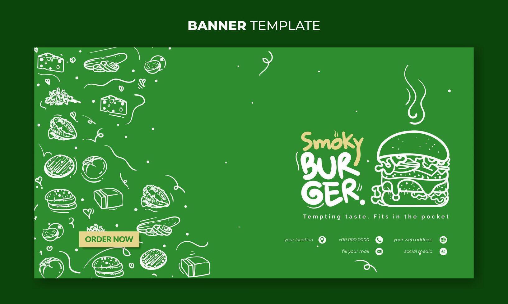 Green banner template with hand drawn of burger ingredients background and smoky burger design. Good template for street food or fast food advertisement design vector