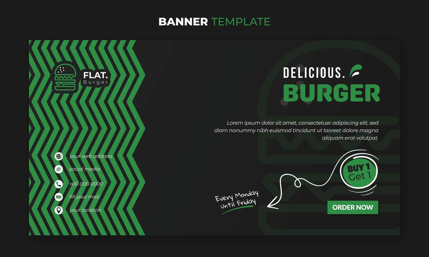 bandera modelo en negro antecedentes con sencillo modelo y plano hamburguesa diseño para calle comida publicidad Campaña vector